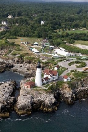The finish line of the TD Beach to Beacon 10K Road Race at Portland Head Light at Fort Williams in Cape Elizabeth, Maine.