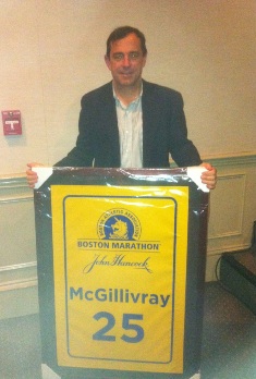 Dave McGillivay of DMSE Sports recognized for 25 years with B.A.A. Boston Marathon.