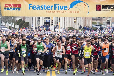 Thanksgiving Day Feaster Five Road Race features running legends as well as apple pie for all finishers.