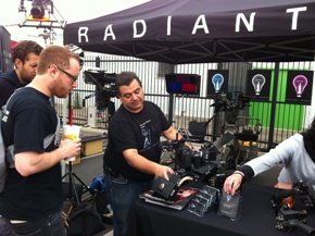 Radiant Images co-founder Michael Mansouri discusses a custom handheld 3D rig at J.L. Fisher event in Burbank on May 14.