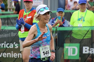 Race founder Joan Benoit Samuelson at the finish line of the 2017 TD Beach to Beacon 10K.