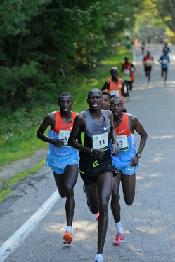 #5 Stanley Biwott(left) eventually pulled away from #11 Silas Kipruto and #17 Stephen Kipkosgei-Kibet to win the TD Beach to Beacon 10K Road Race in Cape Elizabeth, Maine on Aug. 4.