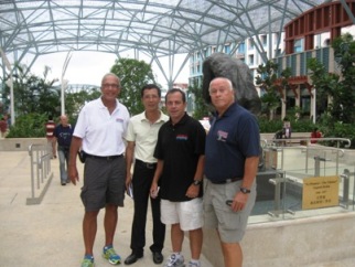 Ron Kramer (left) of DMSE, Jaymes Tan of Spectrum Worldwide, Dave McGillivray and Bob Barnaby of DMSE at Singapore’s Universal Studios, which is on the half marathon route.
